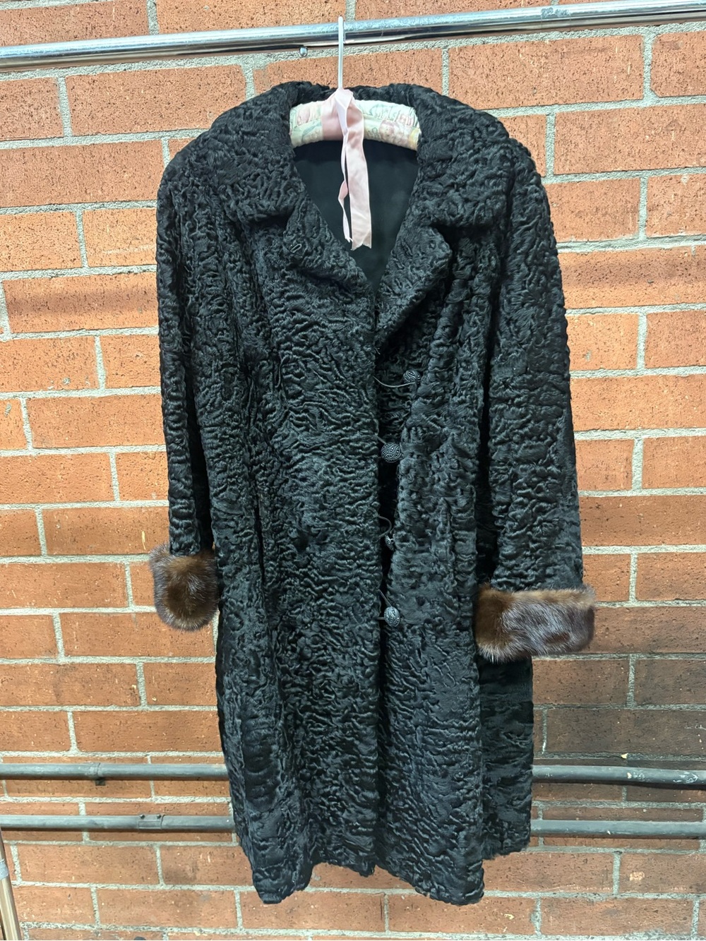 Women's Black Fur Long Coat with Brown Fur Cuffs